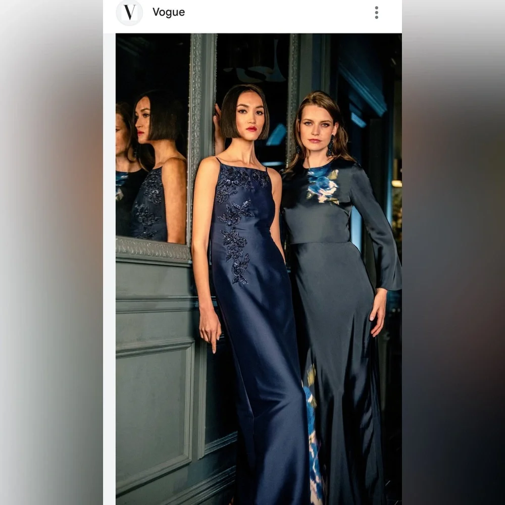 Sachin & Babi Alex Gown in Midnight Corsage Navy Blue Floral Satin Dress Size 14 - Picture 5 of 17